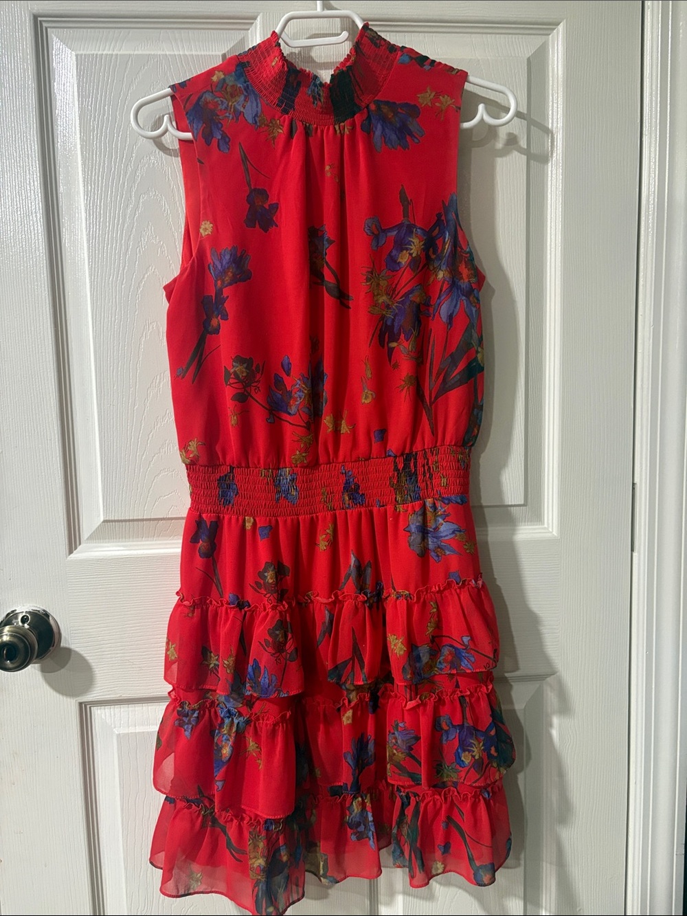 CeCe Red Floral Smocked Tiered Dress